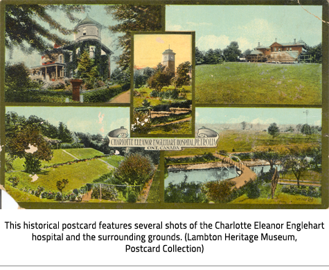 (Image Caption: "This historical postcard features several shots of the Charlotte Eleanor Englehart hospital and the surrounding grounds. (Lambton Heritage Museum, Postcard Collection)"), link.