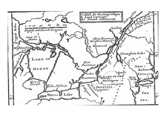 An old hand-drawn map shows part of the Lake Huron region, including waterways and settlements, with handwritten labels and geographical features sketched in a historical cartographic style.