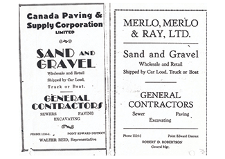 Two vintage advertisements from construction companies - Canada Paving & Supply Corporation and Merlo, Merlo & Ray, Ltd. - both offering sand, gravel, and general contracting services in similar Art Deco-style typography.