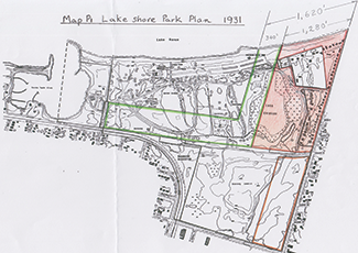 A hand-drawn park plan from 1931 with detailed pathways, boundaries, and color-coded sections sketched across the mapped area.