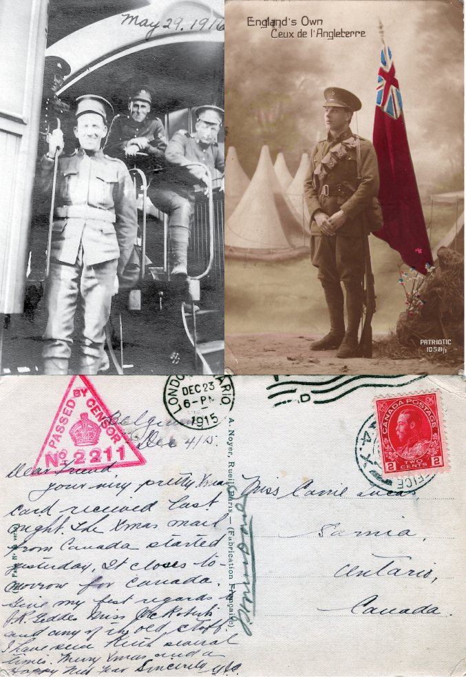 Black and white photos of WW1 vets with a postcard.