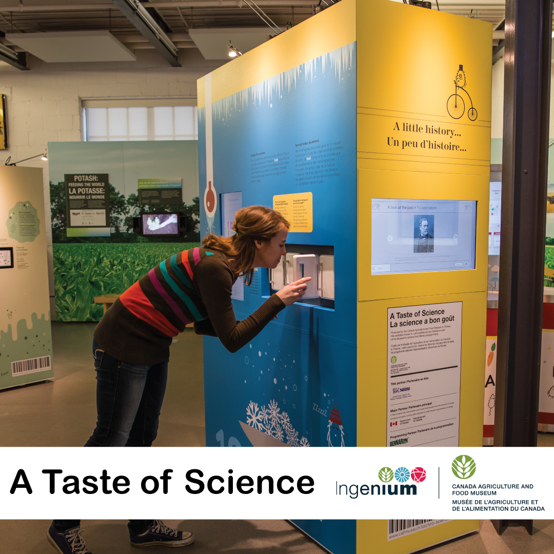 A woman bending over to look at a portion of the Taste of Science exhibit. A white overlay with the Ingenium logo and the text saying "A Taste of Science" is overtop the photo.