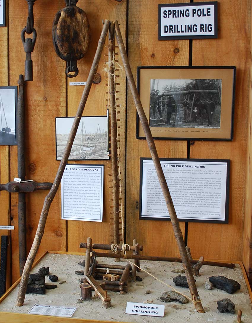 Spring pole derrick on display at the Oil Museum of Canada.