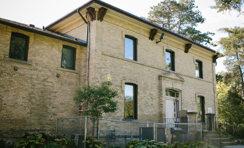 Yellow brick building.