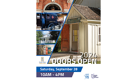 historical buildings collage with doors open 2024 and Saturday, September 28 10 - 4 overlayed